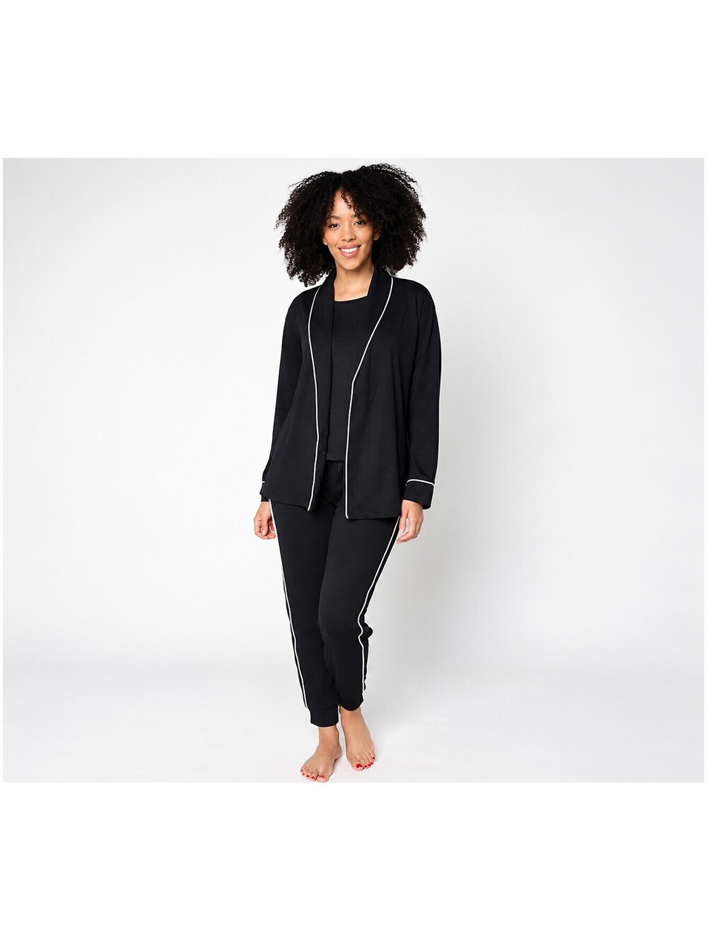 MUK LUKS French Terry Cardigan, Tank, and Jogger Lounge Set Black, Size 1X